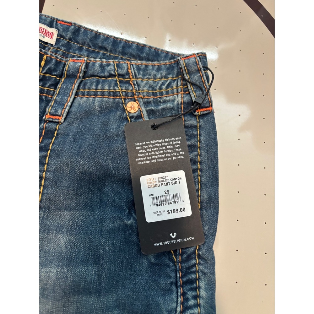 257 True Religion Mosaic Canyon Cargo Pant Big T Blue Denim Wide Leg Size 25 - Picture 4 of 8